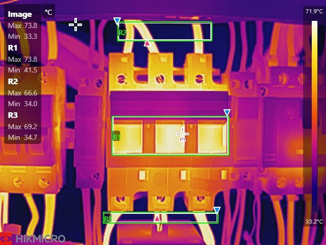 Thermographie infrarouge d'un contacteur électrique avec zones de mesure R1/R2/R3